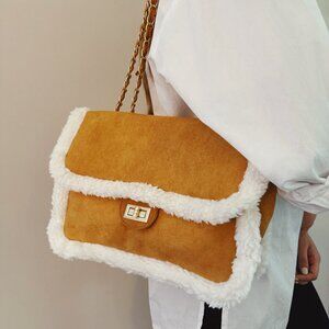 NWT - Luxe Sherpa Faux Fur Trim Chain Shoulder Bag - Caramel/White